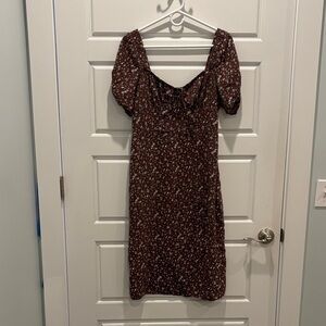 Brown & Floral Puff Sleeve Midi Dress